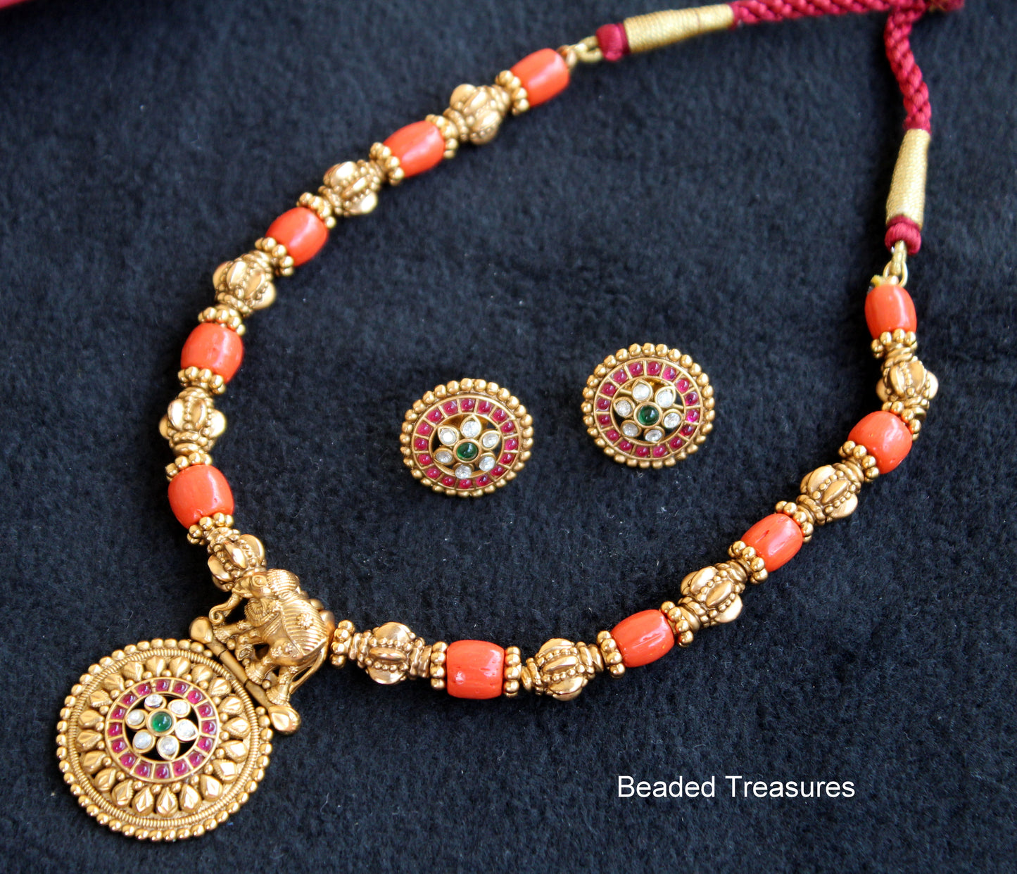 Antique Coral Mala with Kempu Stone Pendant & Nakshi Beads - Beaded Treasures