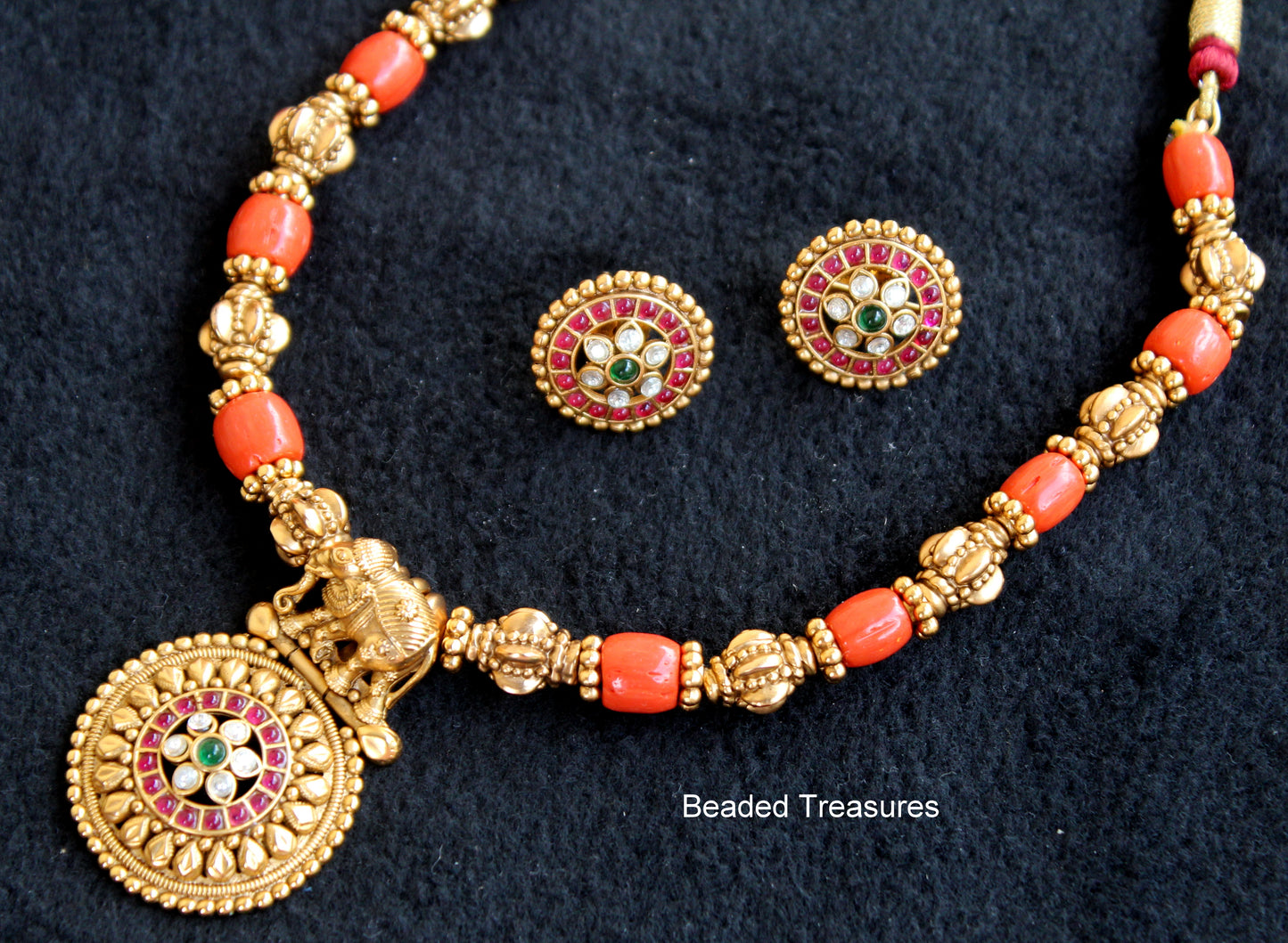 Antique Coral Mala with Kempu Stone Pendant & Nakshi Beads - Beaded Treasures