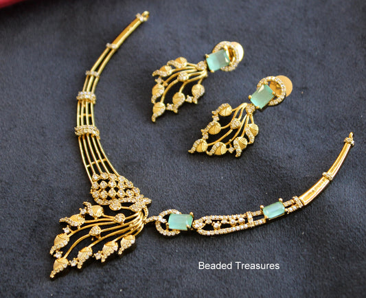 Gold Plated CZ Stone Necklace Set with Green Stone Accents - Beaded Treasures