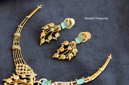 Gold Plated CZ Stone Necklace Set with Green Stone Accents - Beaded Treasures