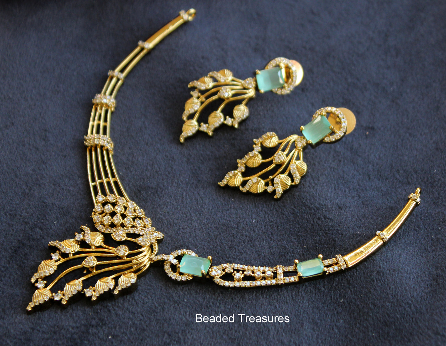 Gold Plated CZ Stone Necklace Set with Green Stone Accents - Beaded Treasures