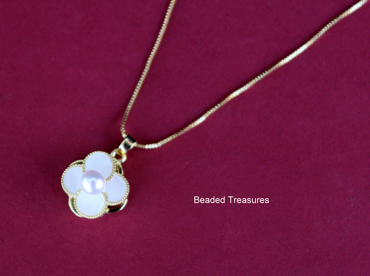 Gold-Toned Four Leaf Clover Pendant Necklace with Pearl - Beaded Treasures