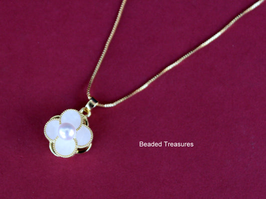 Gold-Toned Four Leaf Clover Pendant Necklace with Pearl - Beaded Treasures