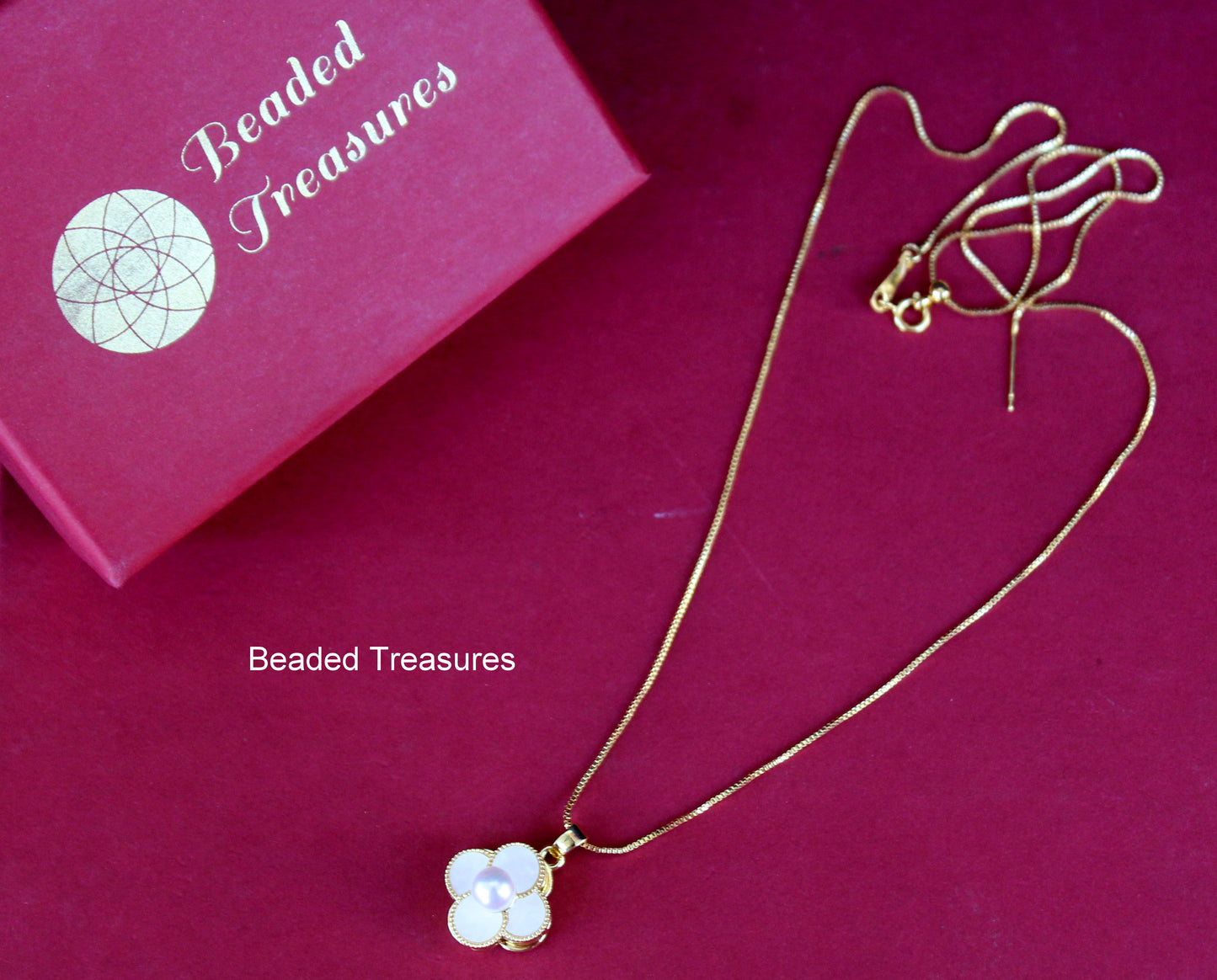 Gold-Toned Four Leaf Clover Pendant Necklace with Pearl - Beaded Treasures