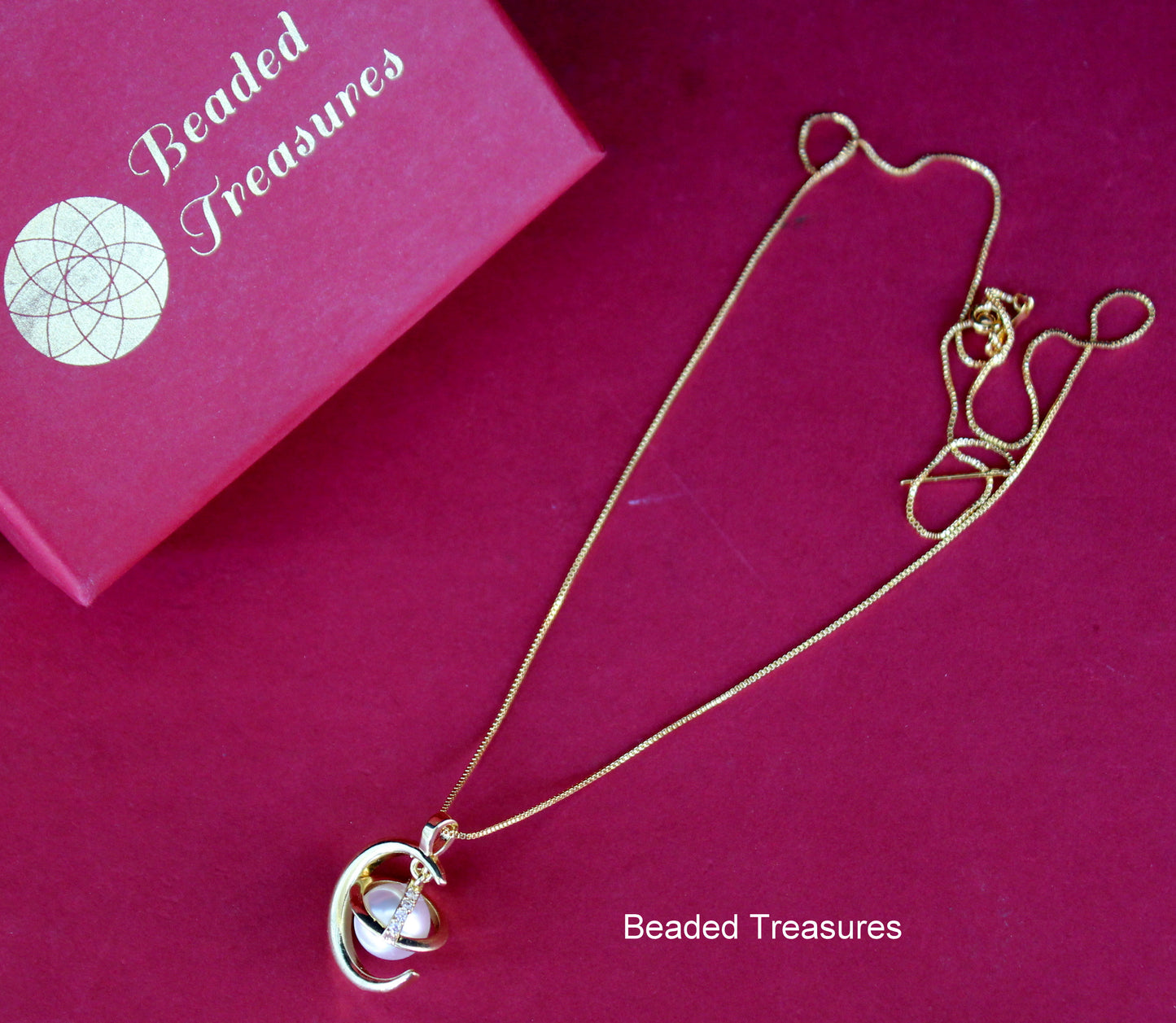 Gold-Toned Crescent Moon Pendant Necklace with Pearl - Beaded Treasures