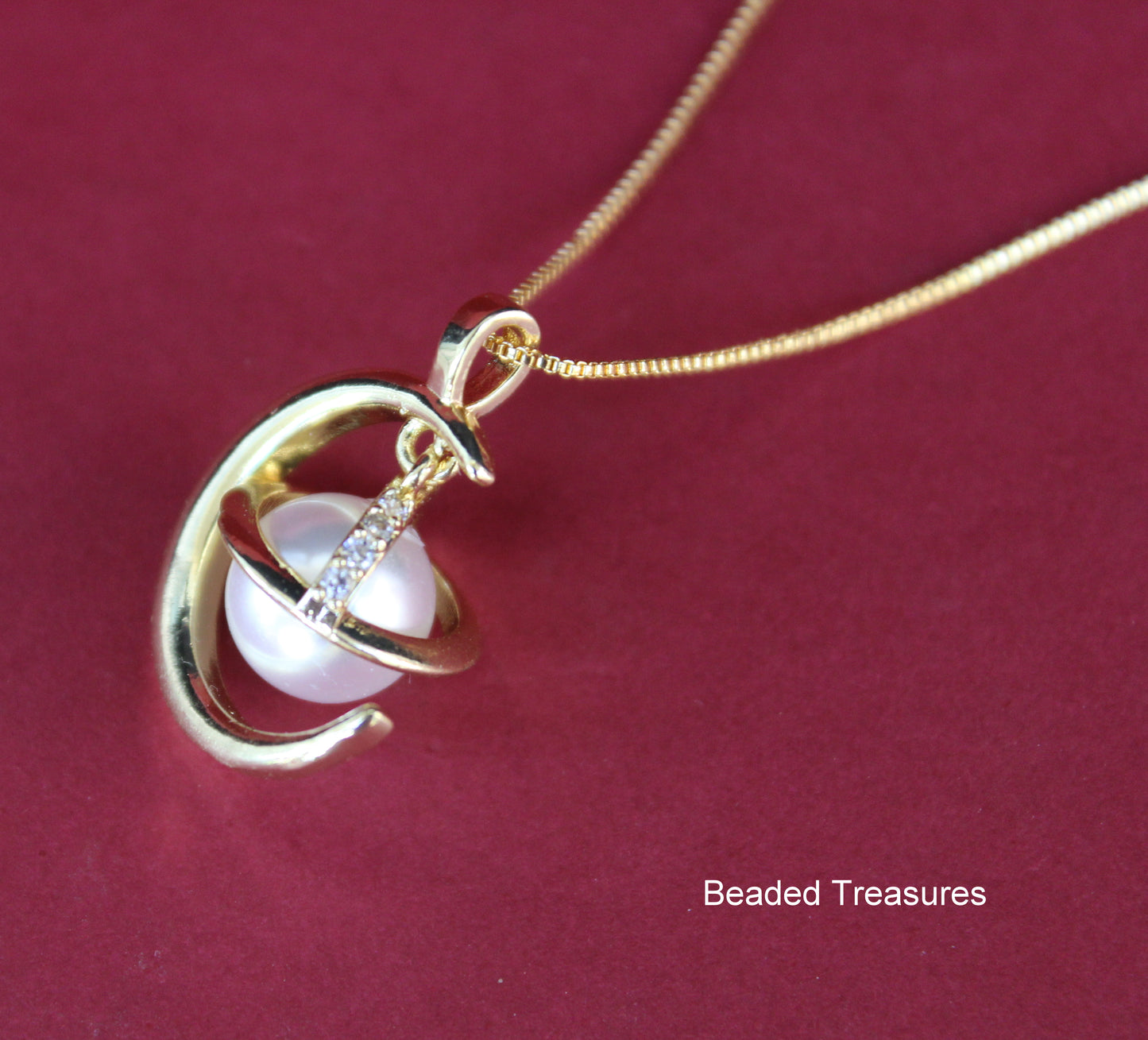 Gold-Toned Crescent Moon Pendant Necklace with Pearl - Beaded Treasures