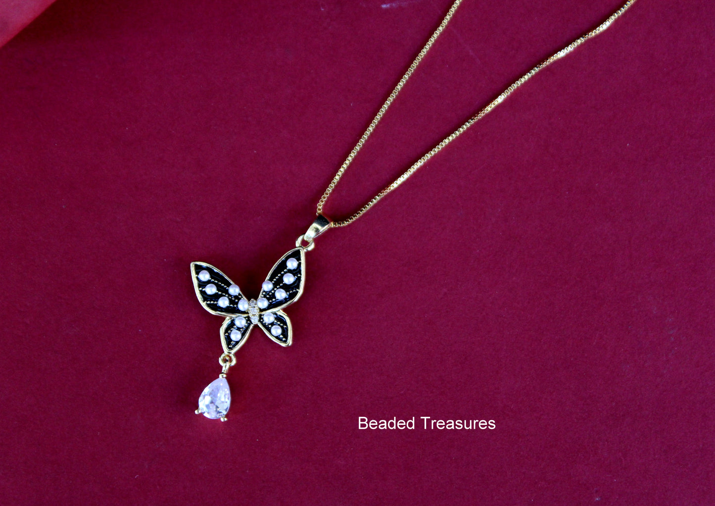 Gold-Toned Butterfly Pendant Necklace with Crystal & Pear Drop - Beaded Treasures