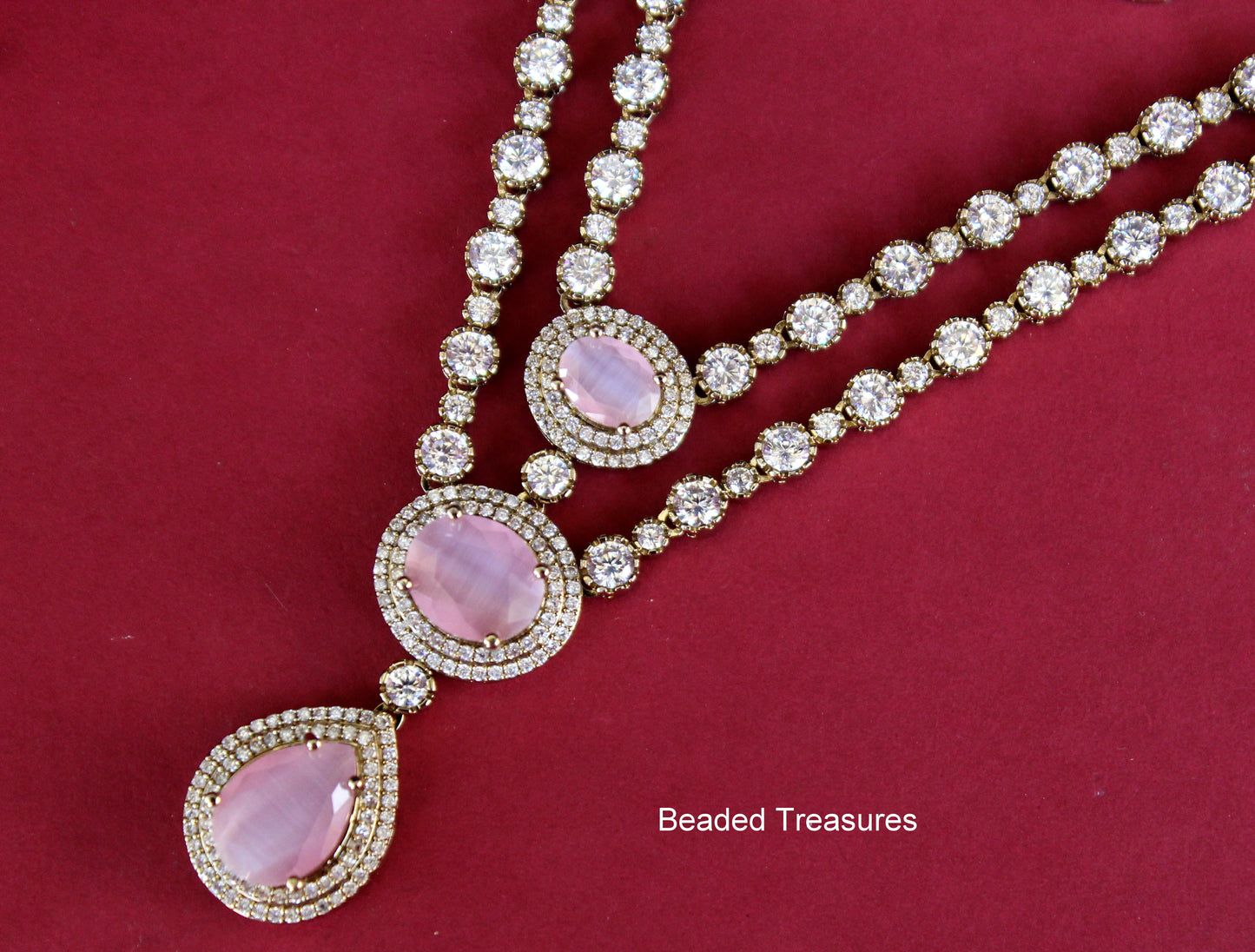 Moissanite Necklace & Earring Set with Pink Stones - Beaded Treasures