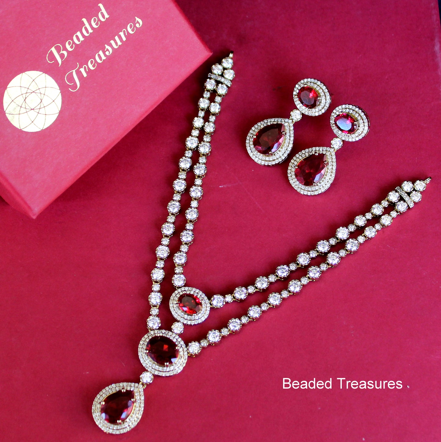 Moissanite Necklace & Earring Set with Red Stones - Beaded Treasures