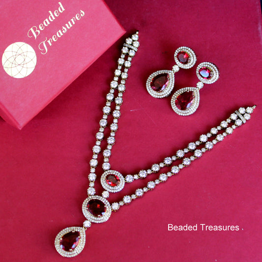 Moissanite Necklace & Earring Set with Red Stones - Beaded Treasures