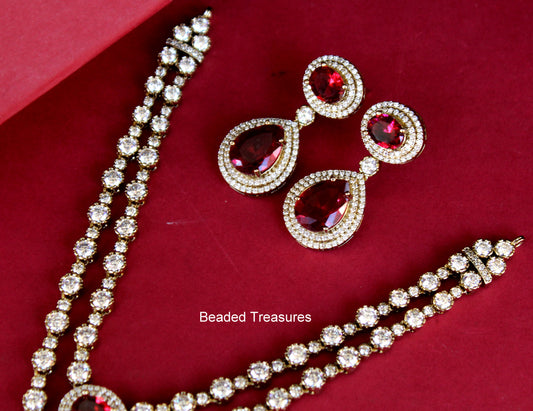 Moissanite Necklace & Earring Set with Red Stones - Beaded Treasures