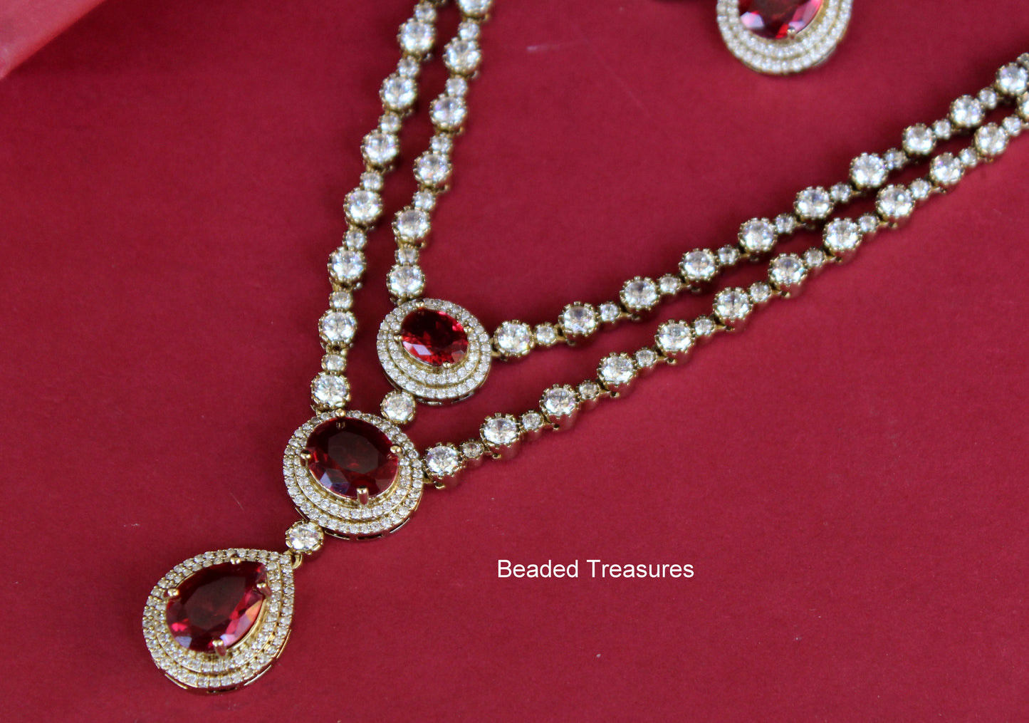 Moissanite Necklace & Earring Set with Red Stones - Beaded Treasures