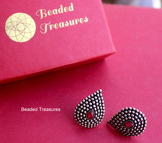 Oxidized Silver Teardrop Stud Earrings with Red Stones - Beaded Treasures