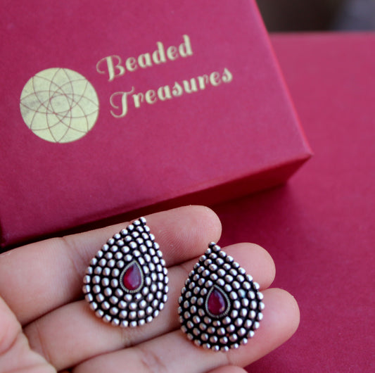 Oxidized Silver Teardrop Stud Earrings with Red Stones - Beaded Treasures
