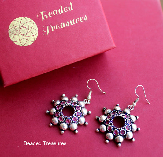 Oxidized Silver Dangler Earrings with Red Stones - Beaded Treasures