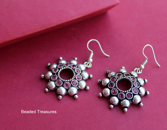 Oxidized Silver Dangler Earrings with Red Stones - Beaded Treasures