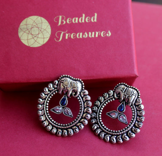 Oxidized Silver Elephant Stud Earrings with Stone Accents - Beaded Treasures