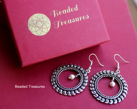 Oxidized Silver Hoop Earrings with Pearl Accents - Beaded Treasures