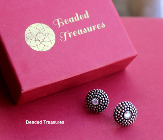 Oxidized Silver Domed Stud Earrings with Crystal Accents - Beaded Treasures
