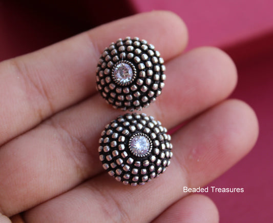 Oxidized Silver Domed Stud Earrings with Crystal Accents - Beaded Treasures