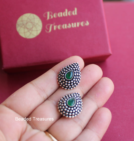 Oxidized Silver Domed Stud Earrings with Green Stones - Beaded Treasures
