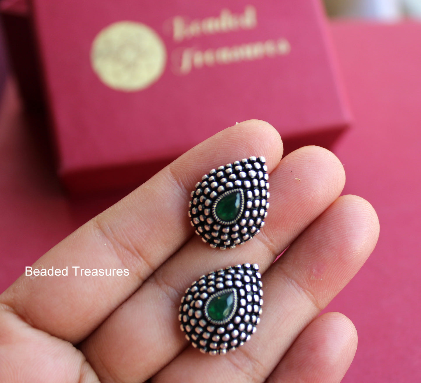 Oxidized Silver Domed Stud Earrings with Green Stones - Beaded Treasures