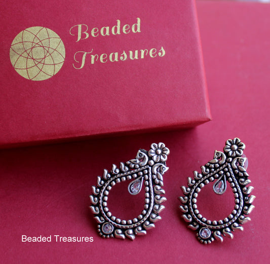 Oxidized Silver Jhumka Stud Earrings with Stone Accents - Beaded Treasures