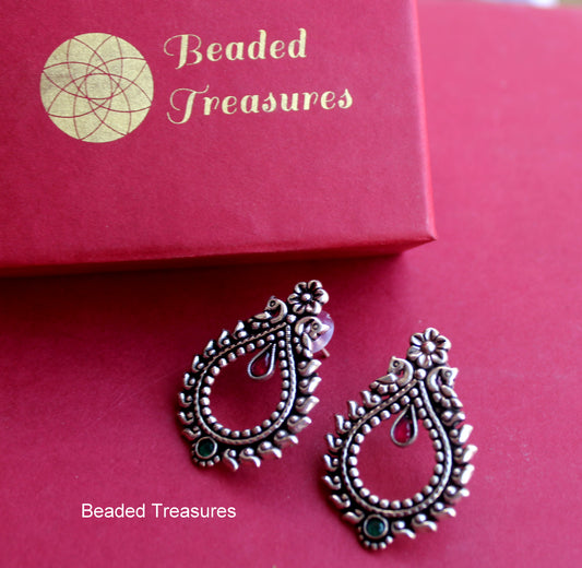 Oxidized Silver Jhumka Stud Earrings - Beaded Treasures