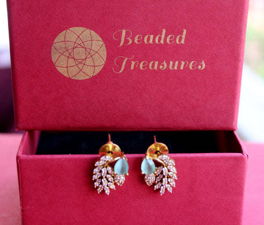 Gold-Toned Zirconia Stud Earrings with Light Green Stones - Beaded Treasures
