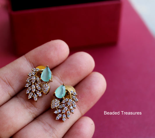 Gold-Toned Zirconia Stud Earrings with Light Green Stones - Beaded Treasures