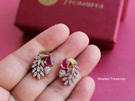 Gold-Toned Zirconia Stud Earrings with Pink Stones - Beaded Treasures