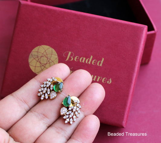 Gold-Toned Zirconia Stud Earrings with Green Stones - Beaded Treasures