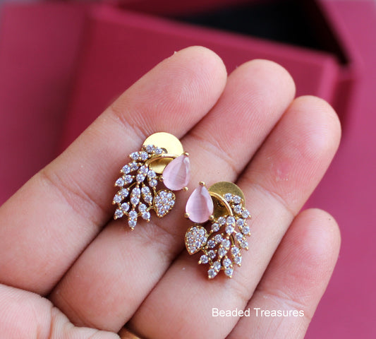Gold-Toned Zirconia Stud Earrings with Light Pink Stones - Beaded Treasures
