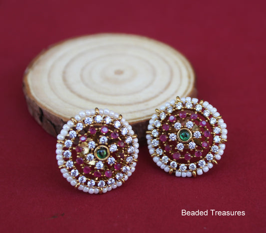 Gold-Toned Stud Earrings with Ruby, Emerald, CZ & Pearls - Beaded Treasures