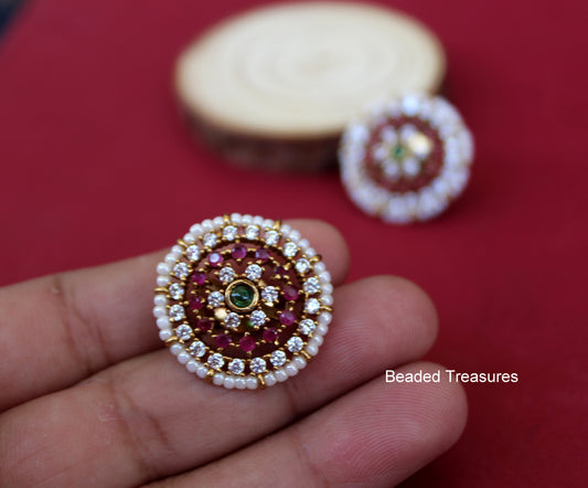 Gold-Toned Stud Earrings with Ruby, Emerald, CZ & Pearls - Beaded Treasures