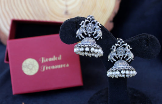 Oxidized Silver Elephant Jhumka Earrings with Pearl Drops - Beaded Treasures