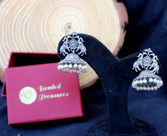 Oxidized Silver Elephant Jhumka Earrings with Pearl Drops - Beaded Treasures