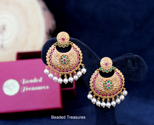 Gold-Toned Goddess Chandbali Earrings with Pearl Drops - Beaded Treasures