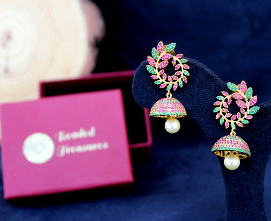 Pink, Green, and Gold Jhumka Earrings with Pearls - Beaded Treasures