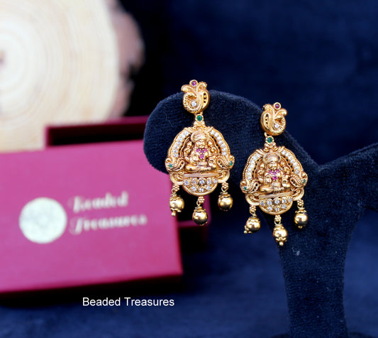 Gold-Toned Goddess Lakshmi Earrings with Stone Accents & Gold Drops - Beaded Treasures