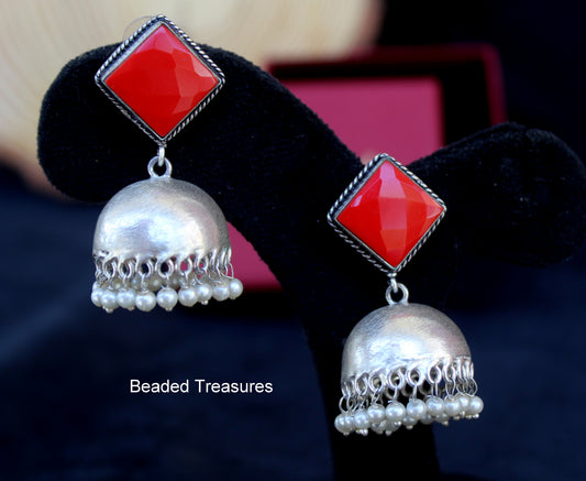 Silver-Plated Jhumka Earrings with Red Stone & Pearls - Beaded Treasures