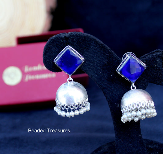 Silver-Plated Jhumka Earrings with Blue Stone & Pearls - Beaded Treasures