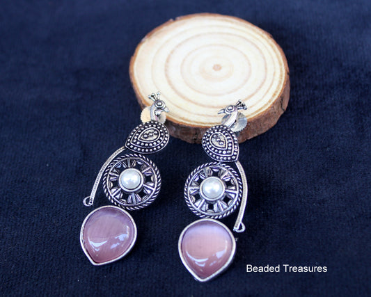 Oxidized Silver Peacock Dangle Earrings with Stones - Beaded Treasures