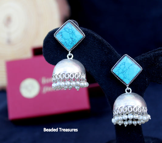 Silver-Plated Jhumka Earrings with Turquoise & Pearls - Beaded Treasures