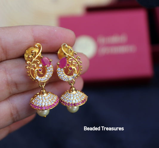 Peacock Design AD CZ Stone Jhumka Earrings - Beaded Treasures