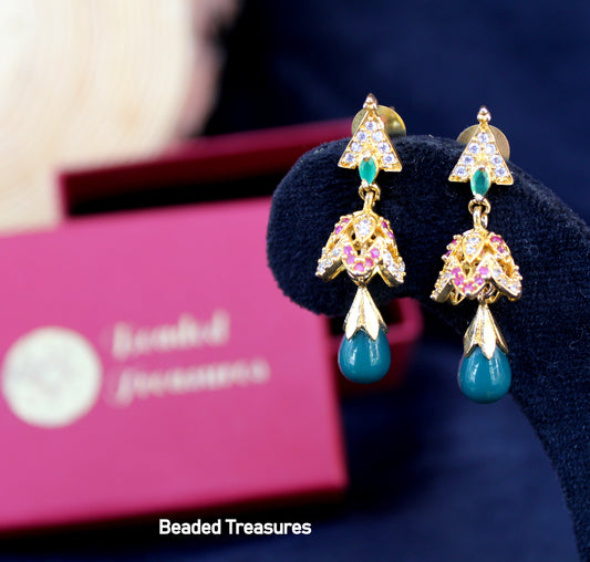 Gold-Toned Jhumka Earrings with Stone Drops - Beaded Treasures