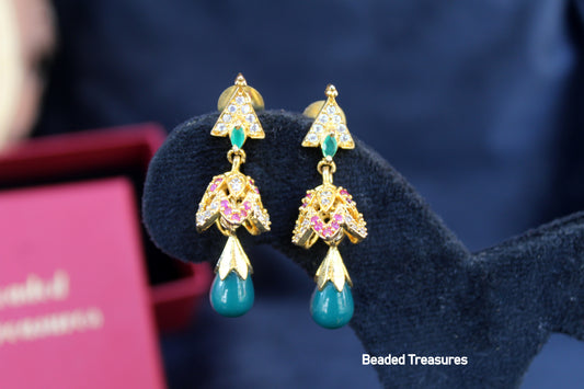 Gold-Toned Jhumka Earrings with Stone Drops - Beaded Treasures