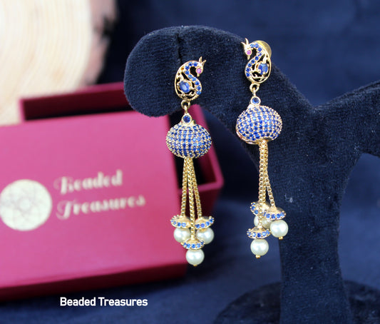 Gold-Toned Peacock Design CZ Ball Earrings with Pearl Drops - Beaded Treasures