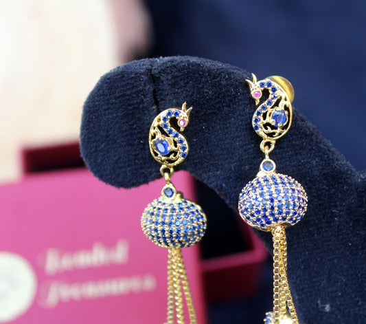 Gold-Toned Peacock Design CZ Ball Earrings with Pearl Drops - Beaded Treasures