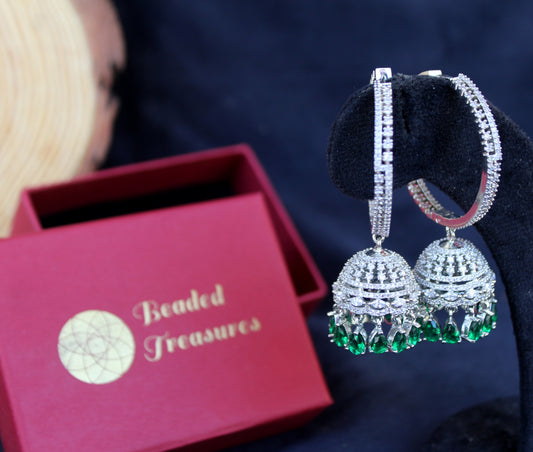 Silver-Toned CZ Hoop Jhumka Earrings with Green Stone Drops - Beaded Treasures
